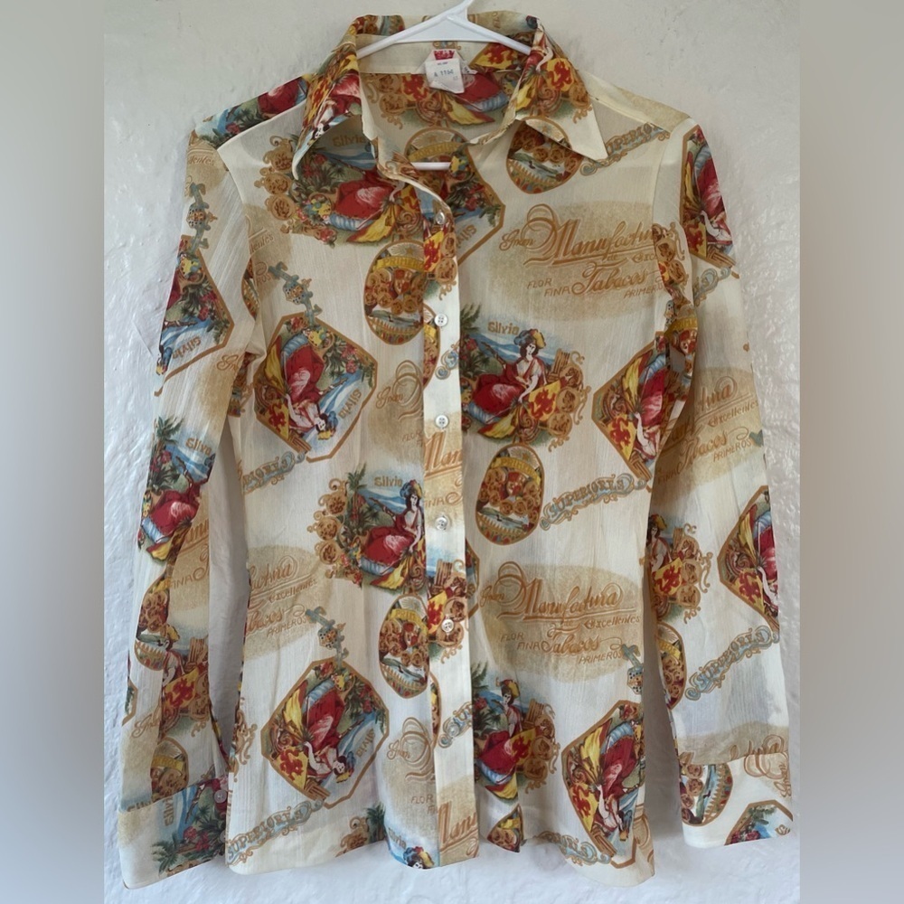 Vintage 1970s Lady Manhattan sheer, cream button up, cigar label novelty print